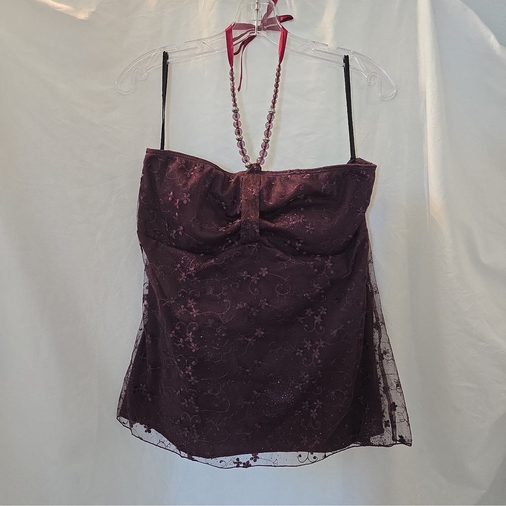 Y2K Vanity Purple Plum Floral Embroidered Sheer Halter Cami Top Fairycore XL